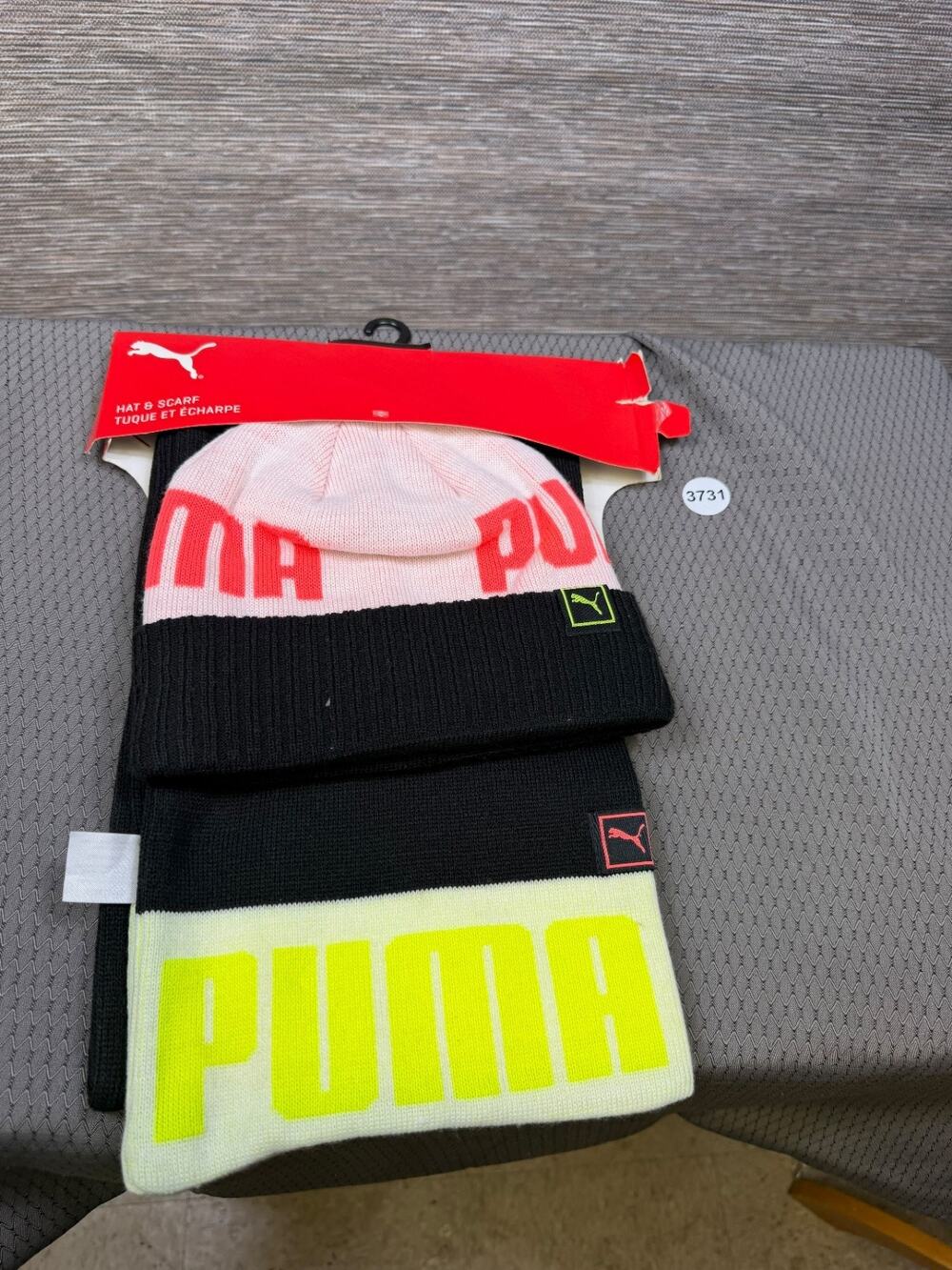 Neon Beanie Hat Puma Scarf 2 Pieces Set Colorblock Striped Winter NEW